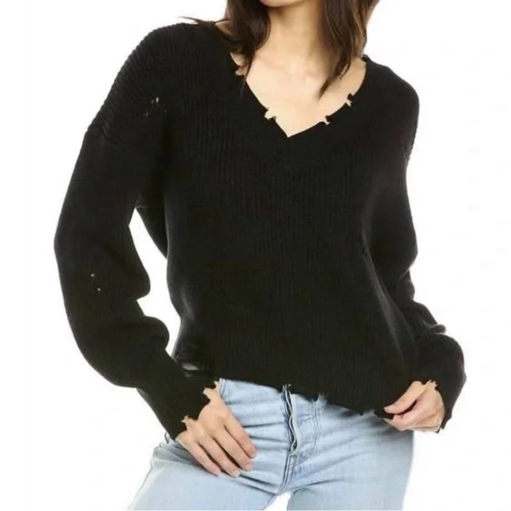 525 America Black Distressed V Neck Knit Sweater NWT